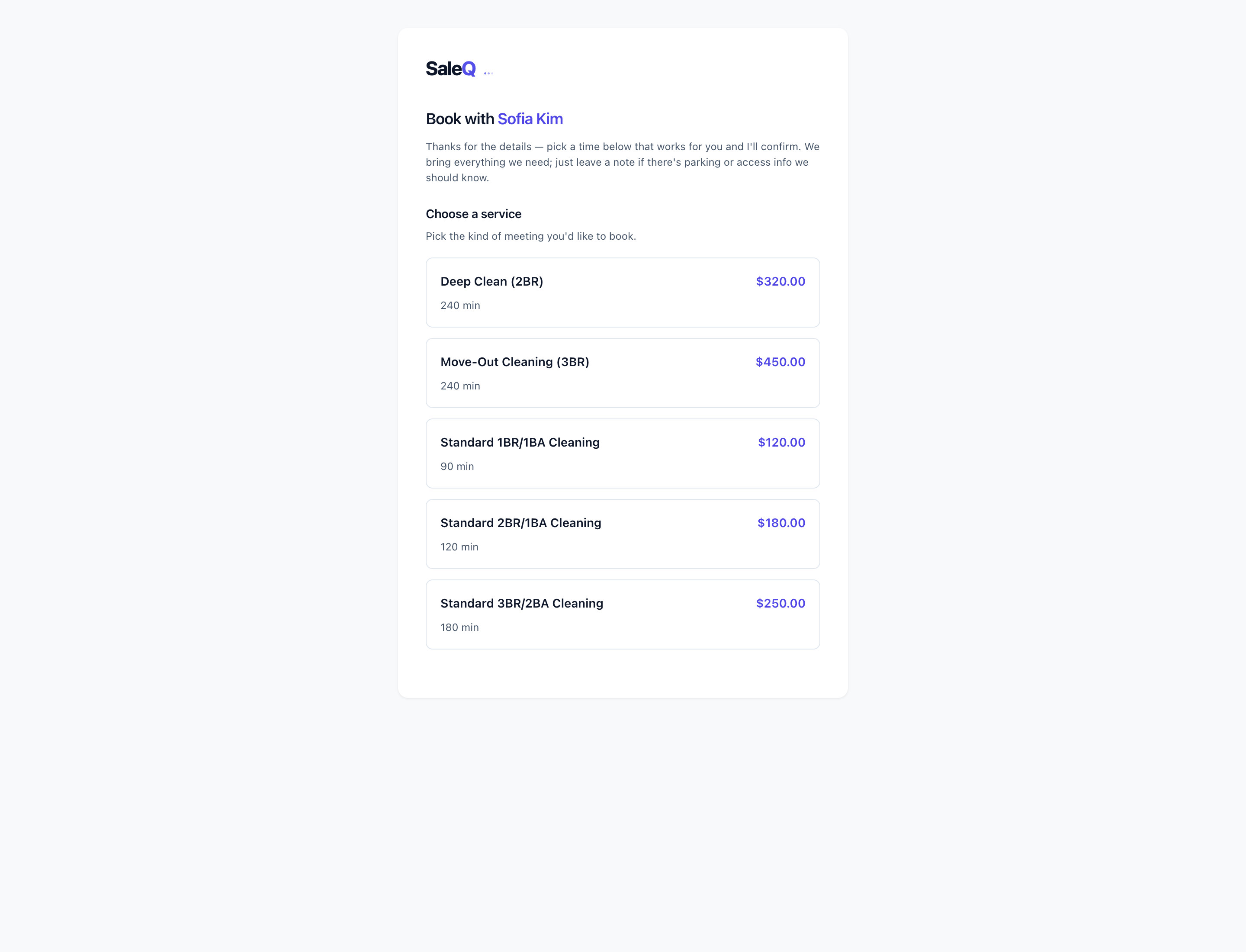 Public booking page — customer picks a service and time, leaves a deposit