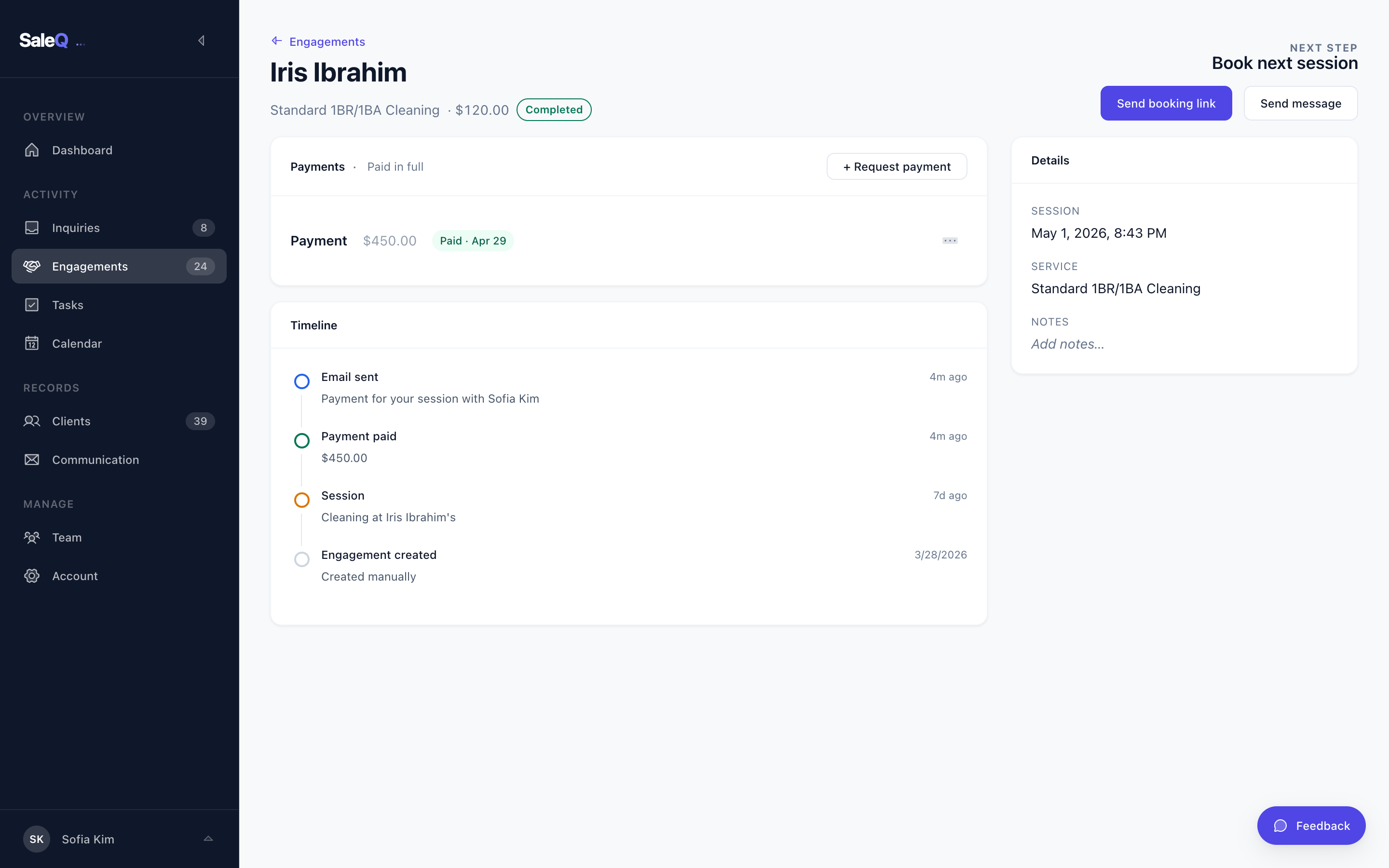 Engagement detail — cleaning job timeline, deposit, and post-visit payment