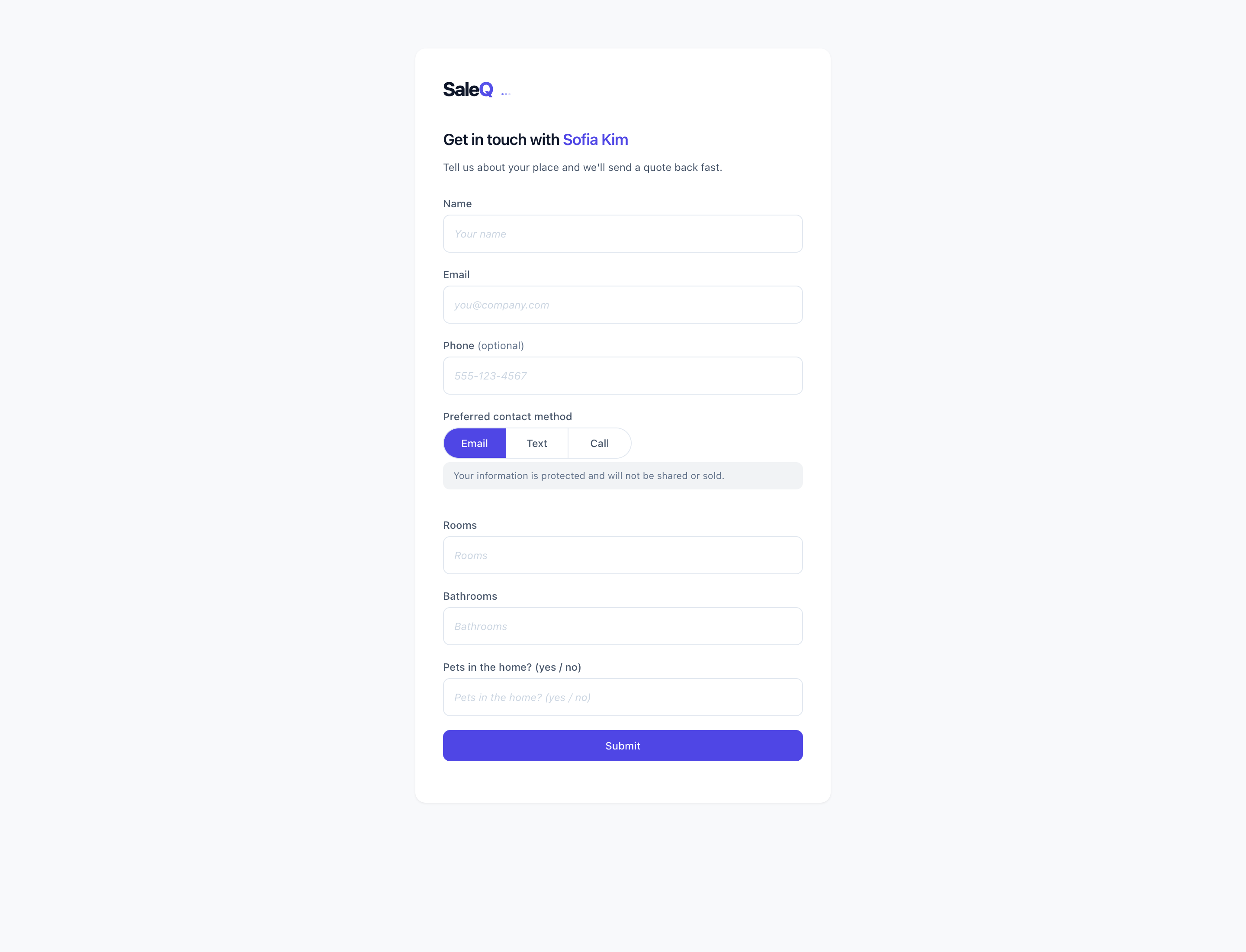 Public quote form — rooms, bathrooms, pets — that a customer fills out