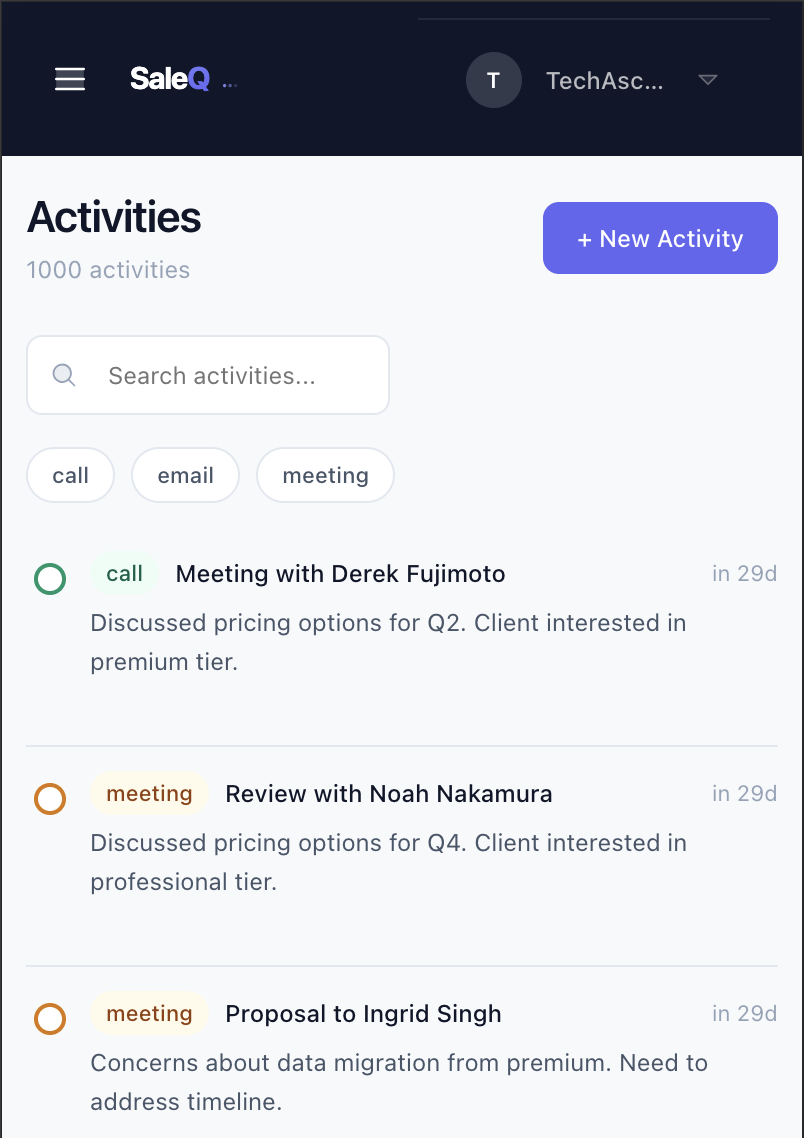 SaleQ activities view on mobile